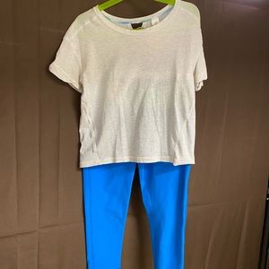 Ivviva Blue Cropped Leggings and Loose White T-Shirt
